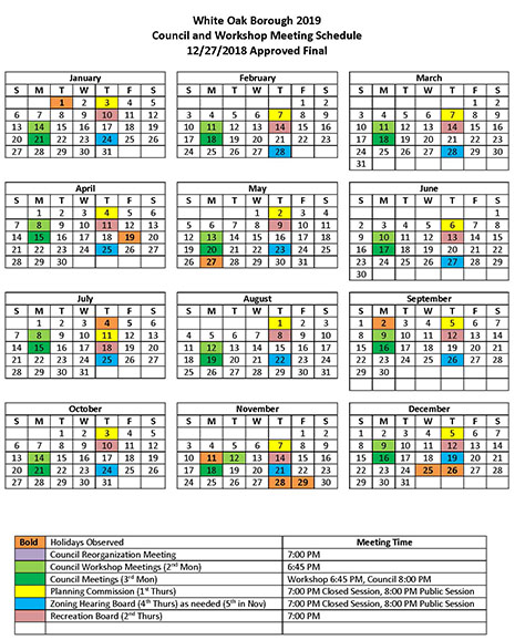 White Oak Borough 2019 Council and Workshop Meeting Schedule